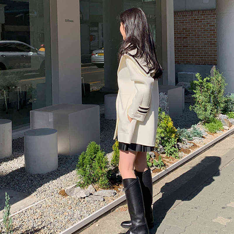 Sister Fara Autumn Sailor Collar Blazer Long Sleeve Jacket Women Double Breasted Winter Thicken Warm Coat Loose Blazers 211122
