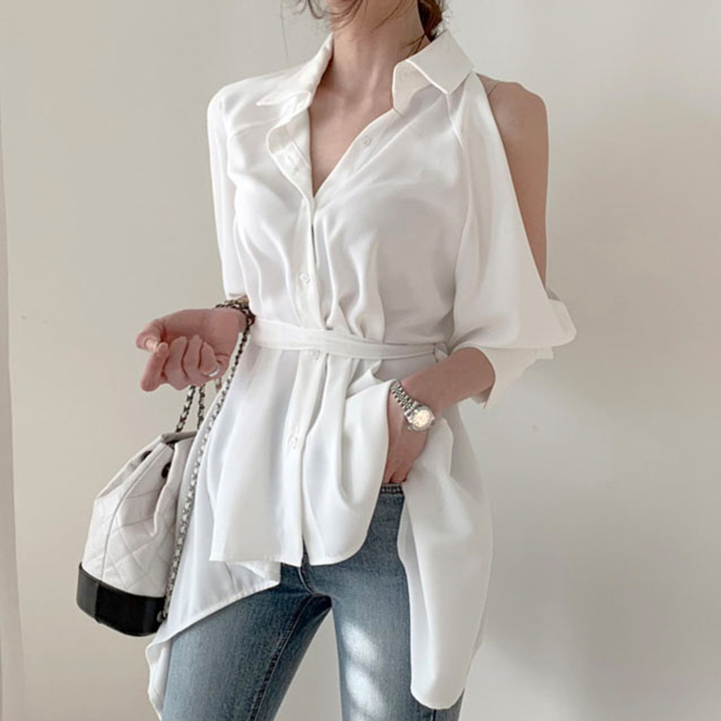 Women Blouse Lady Hollow Out Turn Down Collar Fashion Shirts Blusa Off Shoulder Spring Summer Sexy Solid Tops 210519