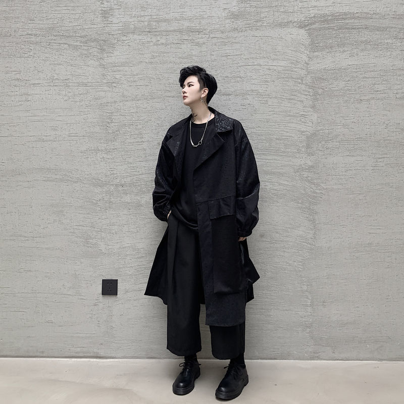 IEFB /men's wear mid-length windbreaker coat springlapel Jacquard fabric pattern split big pocket trech coat 9Y3965 210524