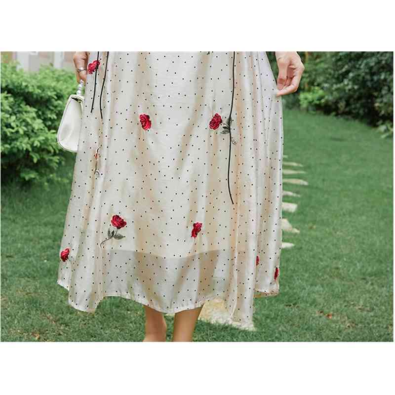 Vintage Elegant Square Neck Dot Summer Dress Casual Embroidery Flowers Lace Up A Line Dres Midi Robes Korean 210520