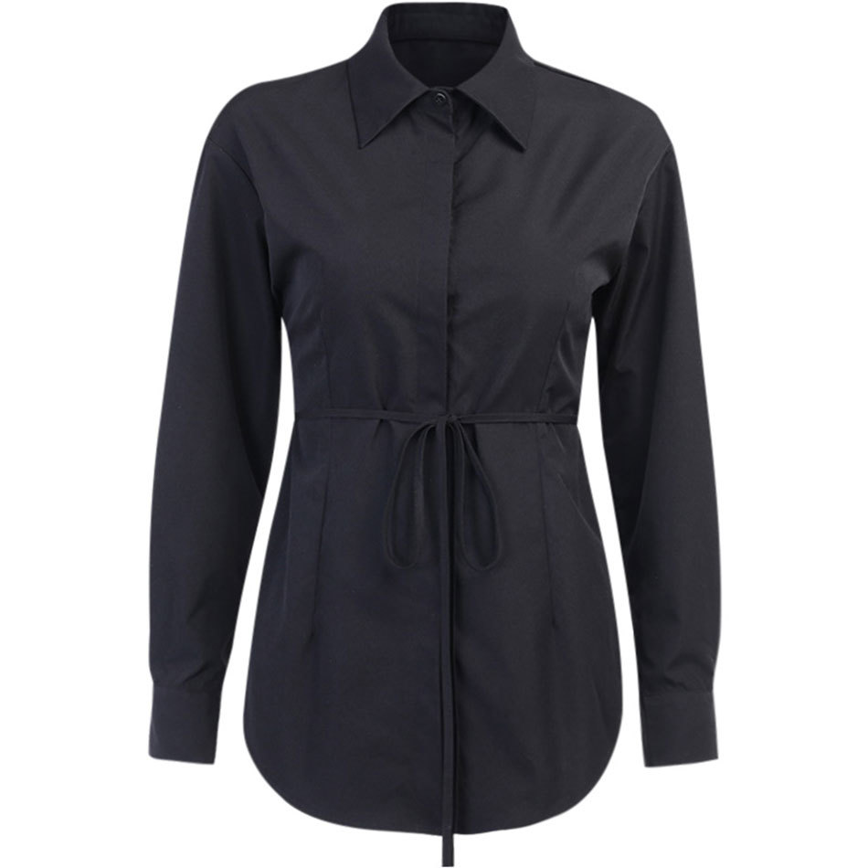 Free Blouse Women Long Sleeve Hollow Out Lace up Shirts Casual Fashion Sexy Turn-down Collar Front Button Solid Top 210524