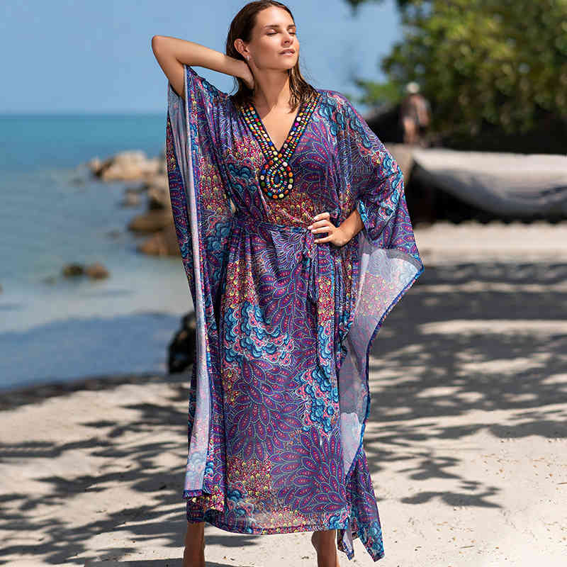 Embroidery Beach Cover up Saida de Praia Swimsuit Women Bikini cover Tunics for Pareo Sarong wear Q1189 210420
