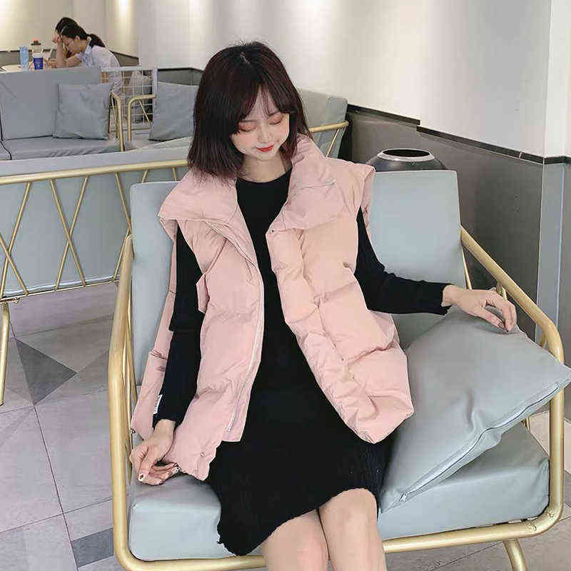 Loose Women's Sleeveless Jackets Solid Turn Down Collar Ladies Winter Vest Korean Style Oversize Waistcoat for Female 211105