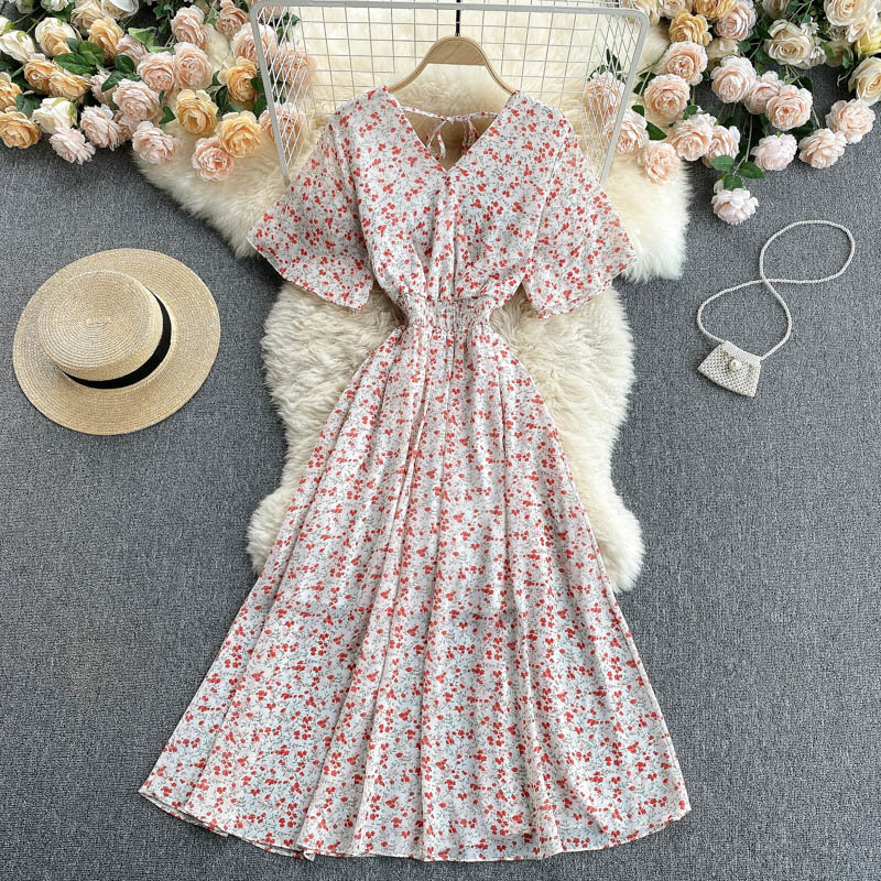 Elastic Ruched V Neck Short Sleeve A-line Dresses Summer Bohemian Print Beach Mididresses For Women French Floral Dress 210521