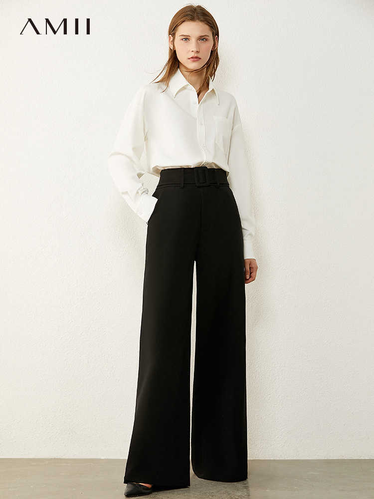 Minimalism Autumn Causal Women's Pants Simple High Waist Belt Solid Loose Wide-leg Female Trousers 12030430 210527