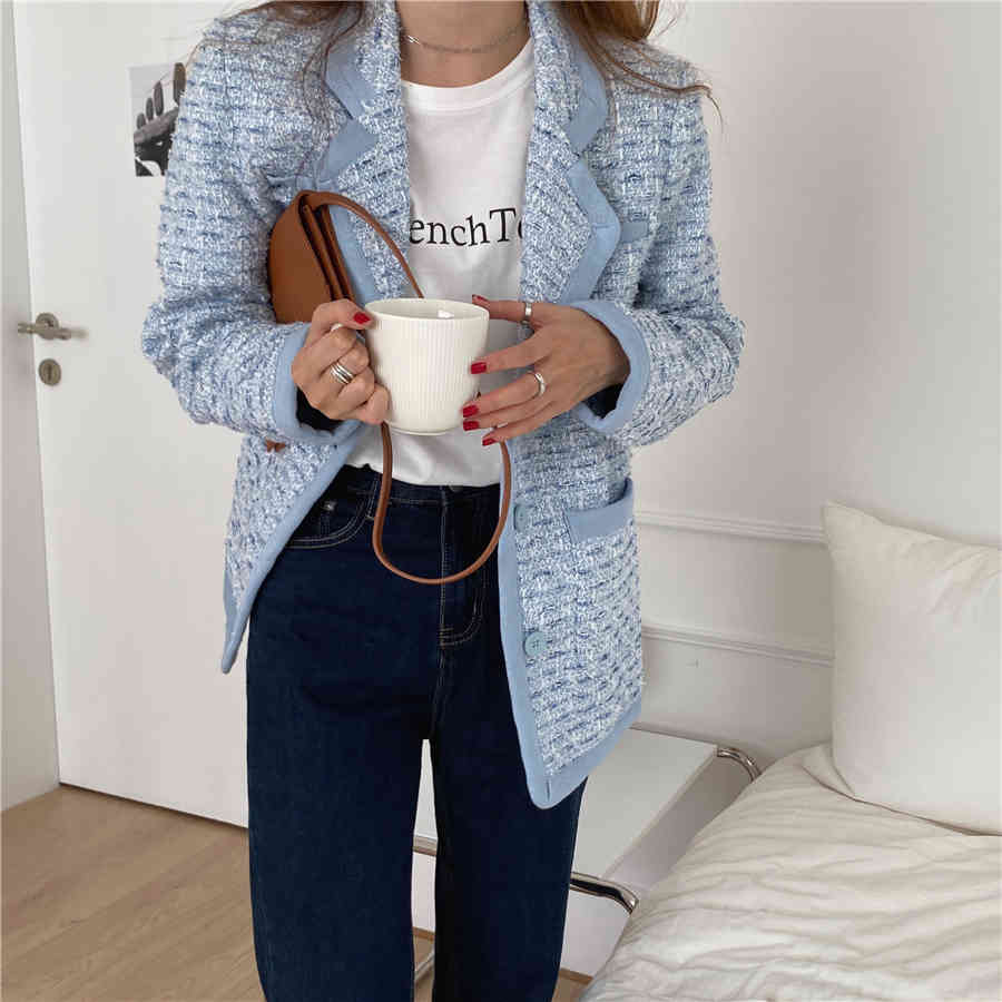 OL Notched Work Wear Woolen Blazer Jacket Autumn Winter High Quality Formal Women Blazers Suit Coat Female Tops 210421