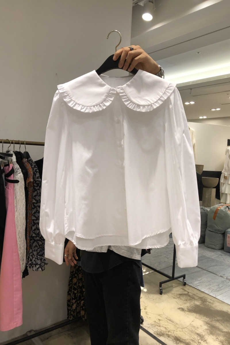 Spring Style Solid Lace Peter Pan Collar Button All Match Loose Full Shirt Blouse Women 210615