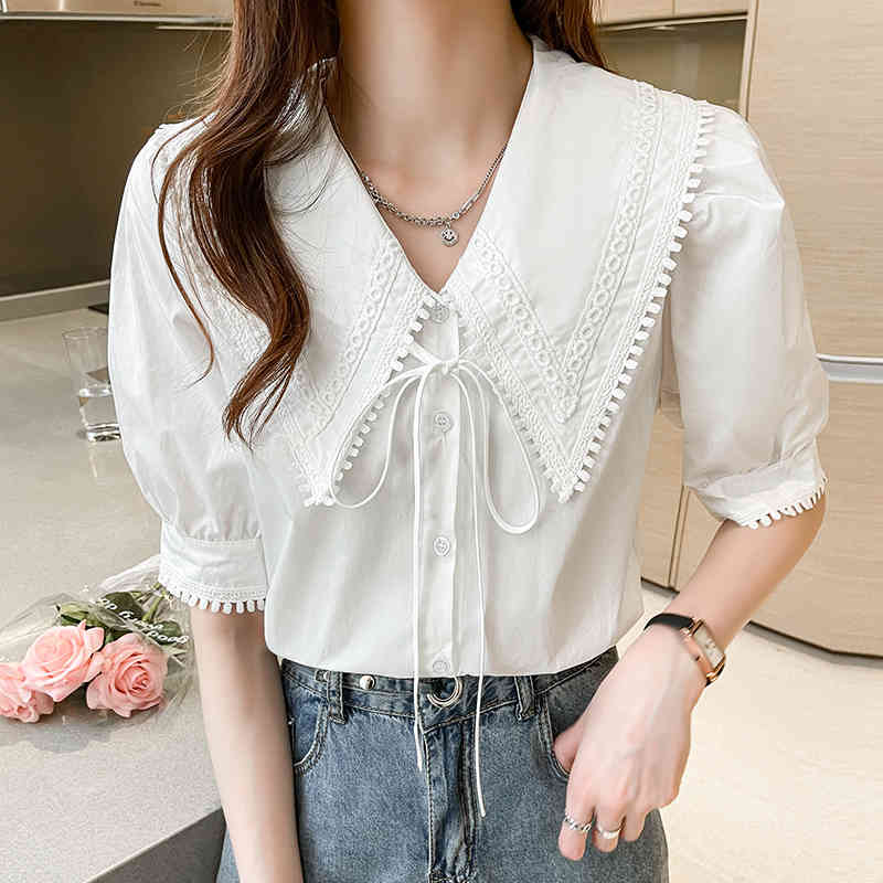Comelsexy Spring/Summer Peter Pan Collar Blouse Women's Simple Lace Solid Color Short Sleeve Shirt Ladies Sweet Tops 210515