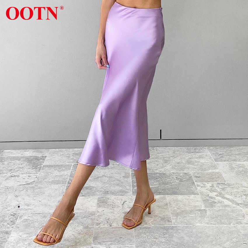 OOTN Casual Purple Satin Summer Skirts High Waist Women Long Office Ladies Elegant Solid Silk Midi Fashion 210619