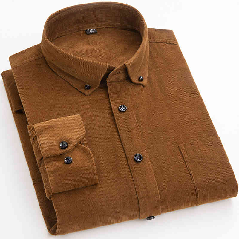 Cotton Corduroy Shirt Long Sleeve Winter Regular Fit Mens Casual Shirt Warm S~6xl Solid Men's Shirts with Pokets Autumn Quality 210410
