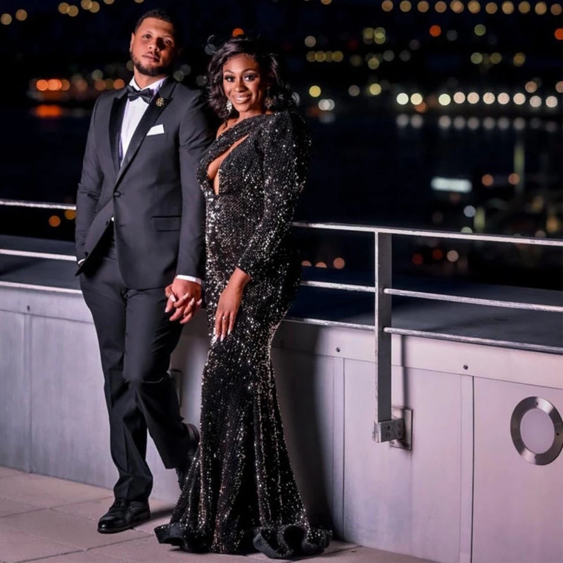 Black Sequins Mermaid Prom Dress, One Shoulder Plus Size, Sweep Train Formal Evening Gown For Arabic Women