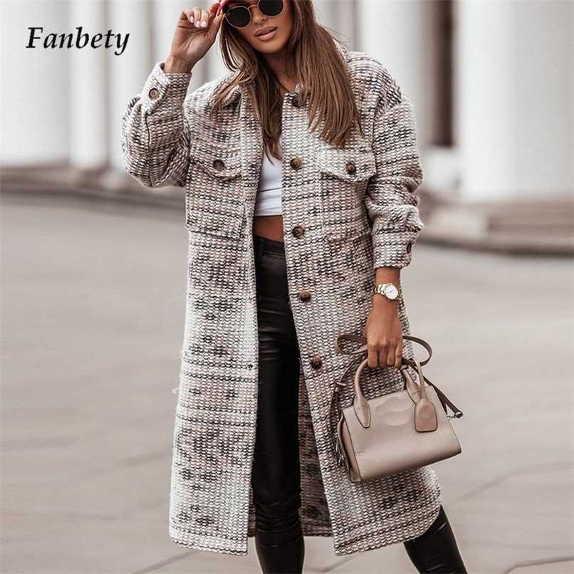 Women Elegant Pattern Print Long Overcoat Winter Casual Single Breasted Long Sleeve Cardigan Jacket Autumn Blend Wool Outerwear 211130