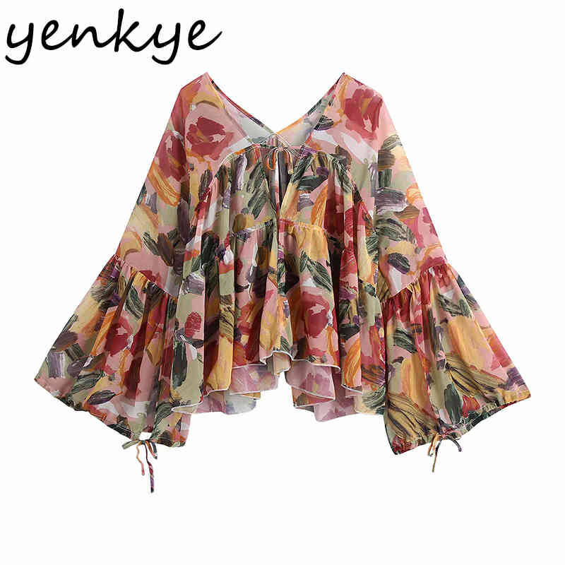 Fashion Women Multicolor Print Chiffon Blouse Sexy Lace Up V Neck Flare Sleeve Holiday Boho Summer Tops Plus Size blusas 210430