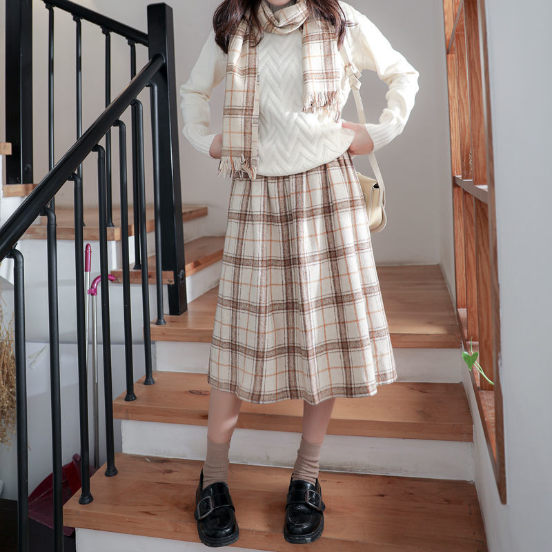 High Waist Vintage Plaid Midi Skirts Saia Mori Girl Cute Pleated Skirts Lolita Autumn Winter Women Skirt 210408