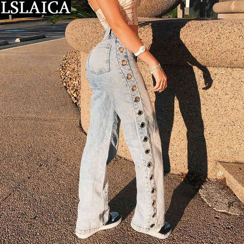 Jeans Casual Solid Color Pocket Women's Fashion Personality Street Metal Buckle Hollow High-waisted Straight Denim Trousers 210515