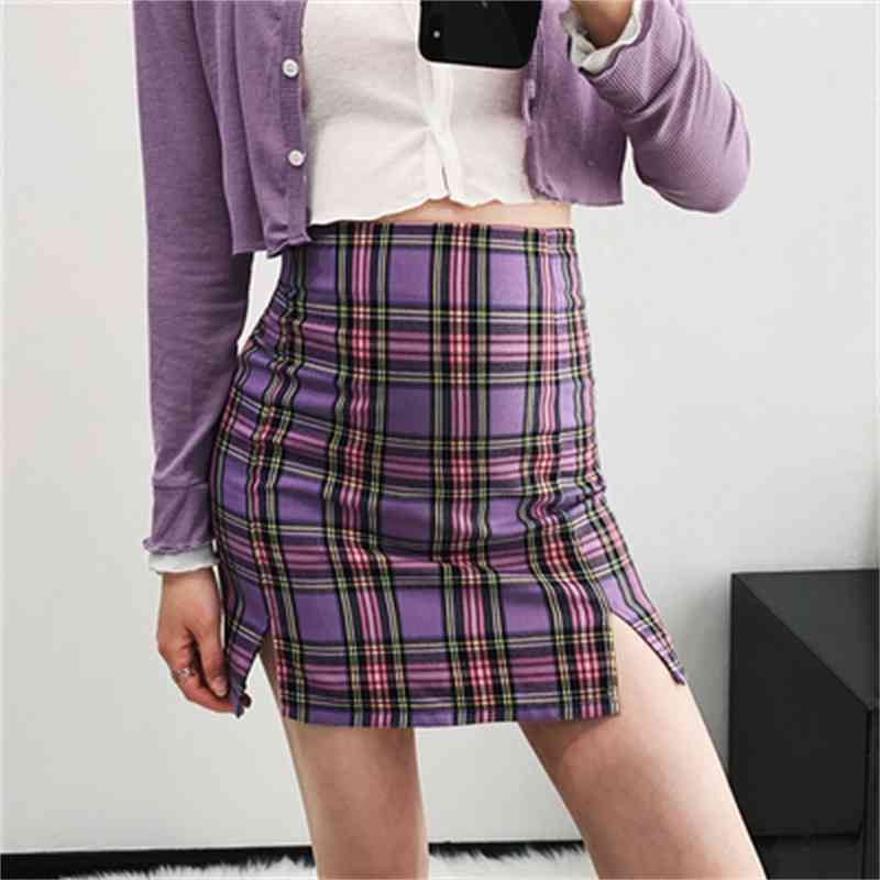vintage tartan print slit mini skirts womens plaid ladies high waist bodycon sexy purple pencil faldas mujer 210521