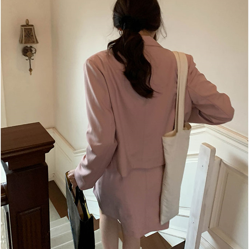 2pcs SM women Blazer Skirt set spring autumn Preppy style pink Green blazer+mini skirts two pieces Clothing set (X1875) 210423