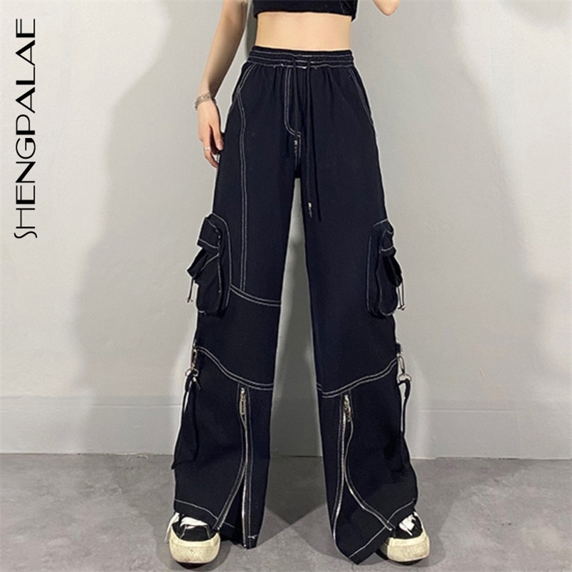 Autumn Women's Jeans Zipper High Waist Loose Casual Cowboy Cargo Pants Fashion Wide Leg Denim Trousers ZC247 210427