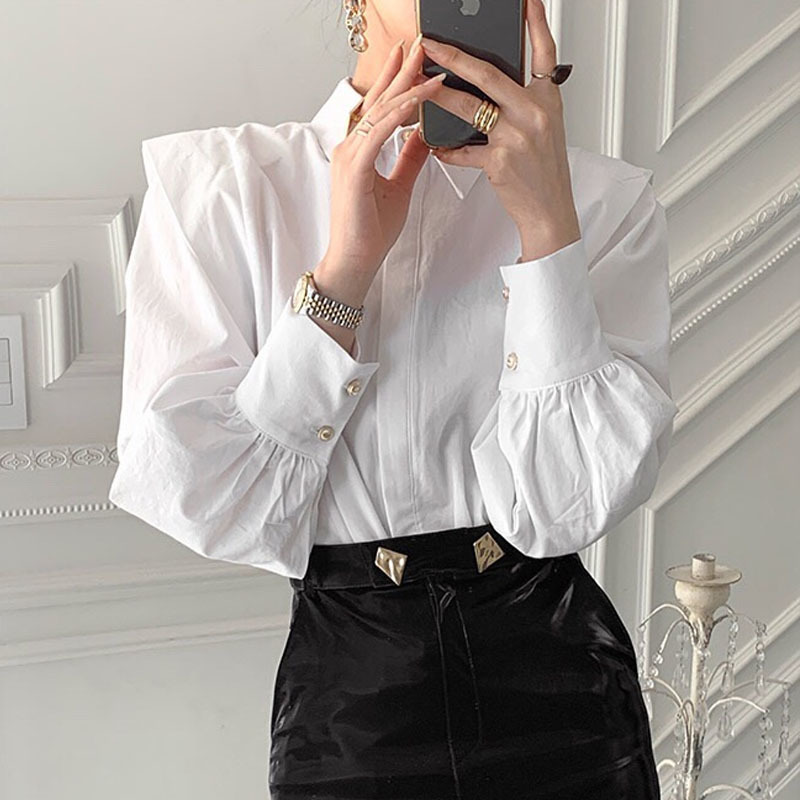 Turn-down Collar Solid Female Clothing Tops Spring Autumn Shirts Women Chic Vintage Loose White Blouse for 12872 210508