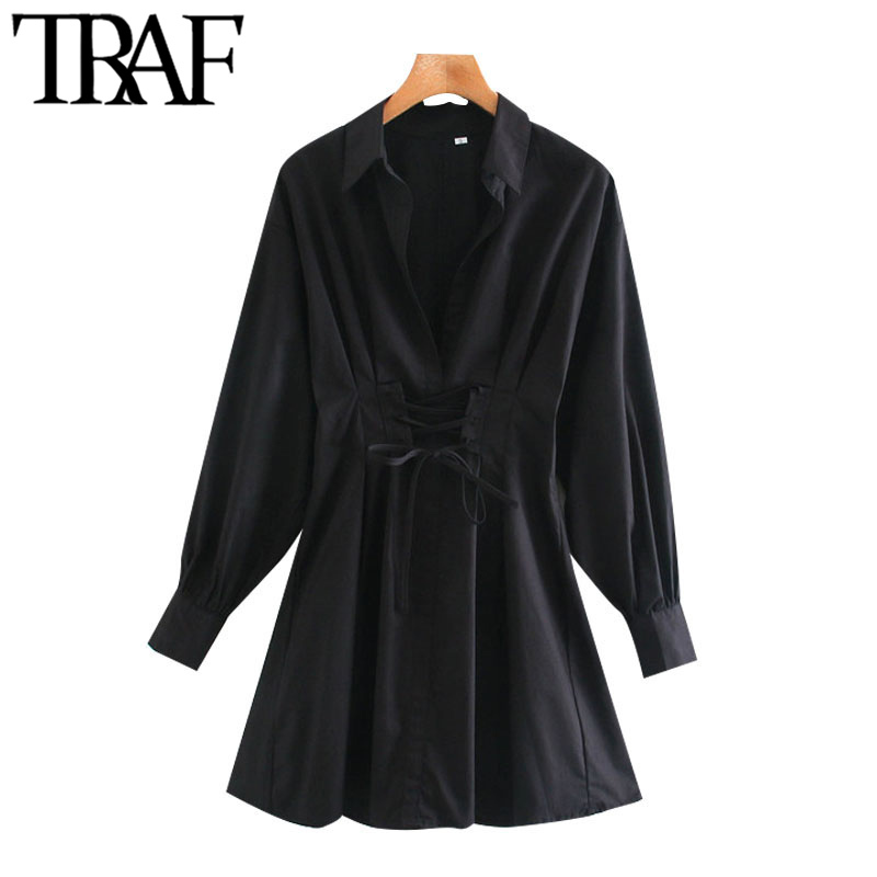 TRAF Women Chic Fashion With Drawstring Tied Pleated Mini Dress Vintage Long Sleeve Back Zipper Female Dresses Mujer 210409