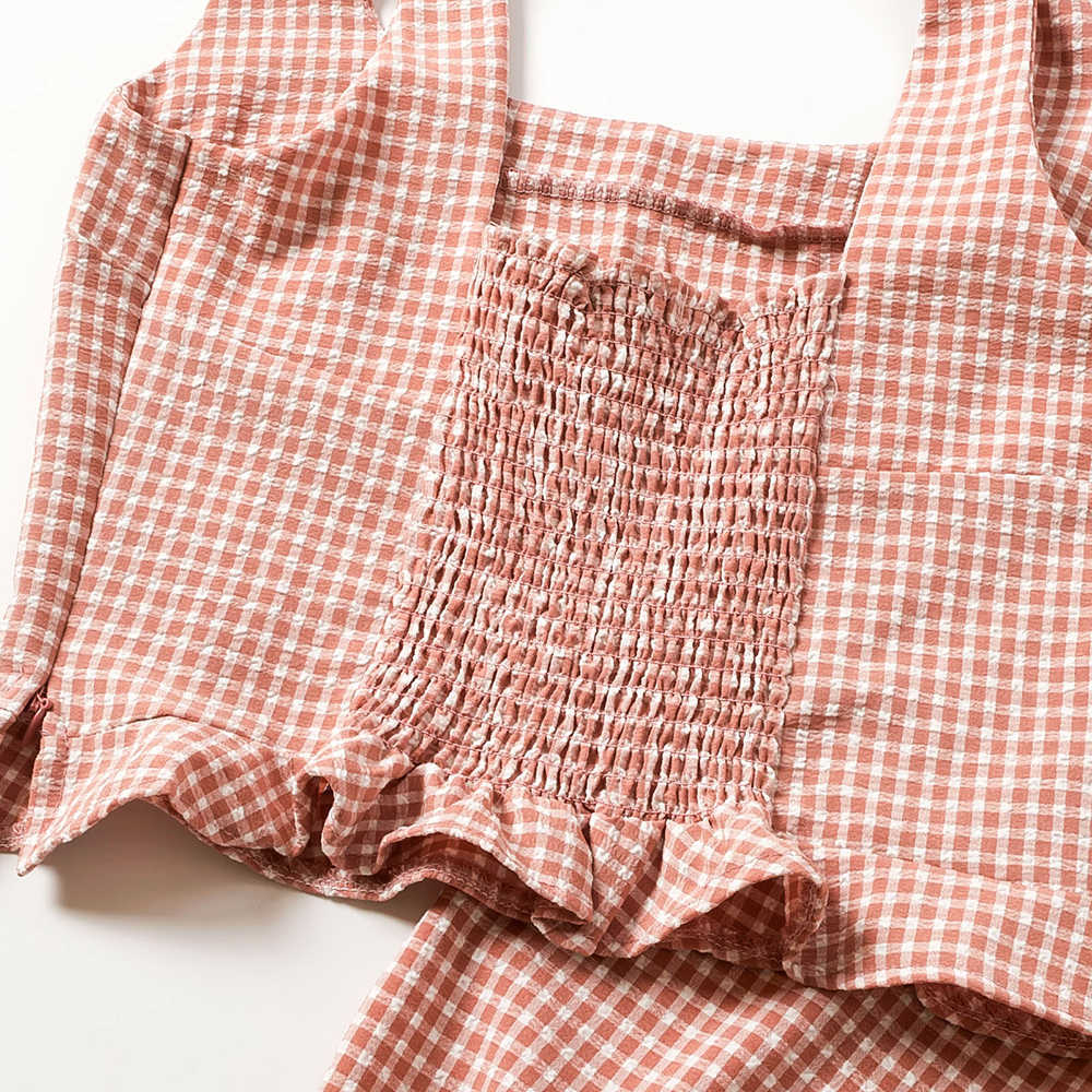 Spring Pink Plaid Cropped Tops And Wide Leg Pants Women Sale Fashion Ankle Length Pant Two Pieces Sets For Woman 2 Piece Set 210707