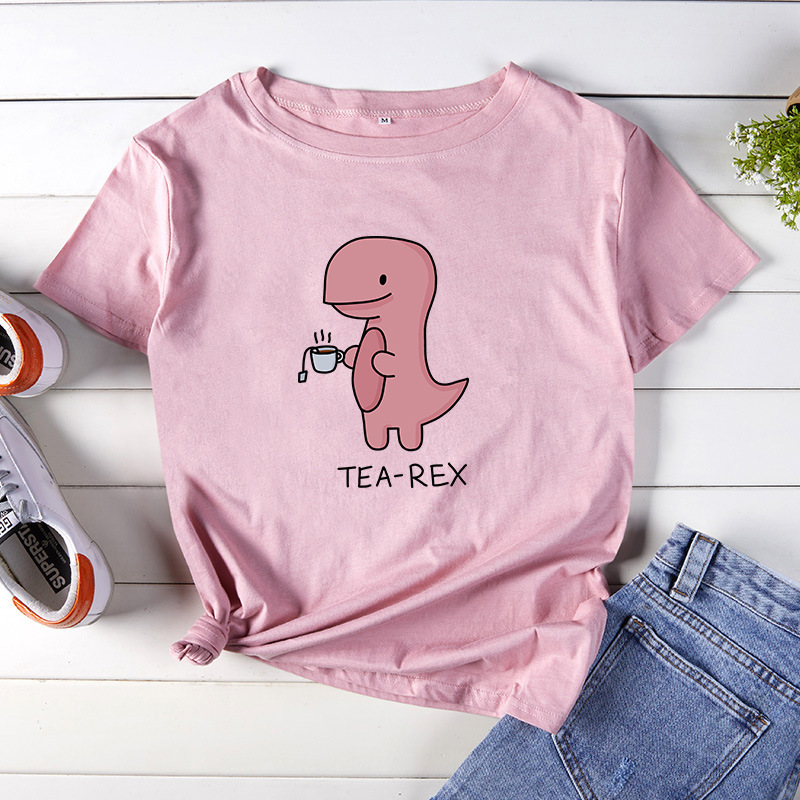 JCGO Women T Shirt Summer Cotton Plus Size 5XL Cartoon Dinosaur T-rex Print Short Sleeve O-Neck Casual Female TShirts Tops Tee 210406