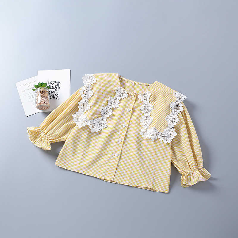 2-7 years high quality girl clothing set autumn fashion plaid pink yellow shirt + demin pant kid children clothes 210615