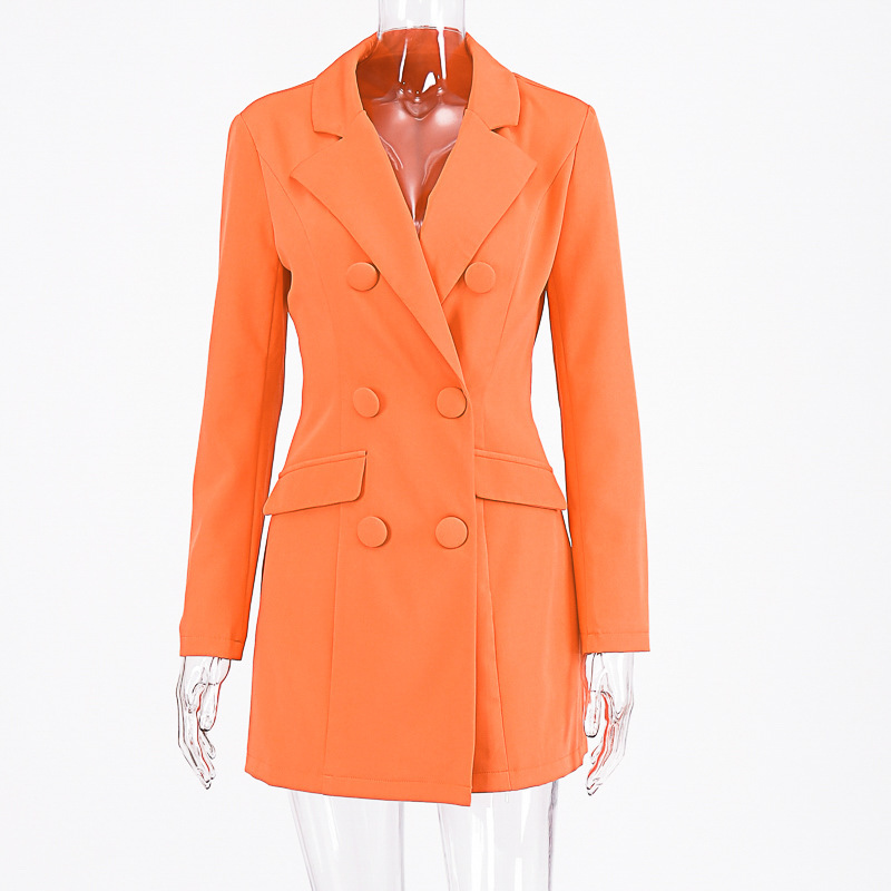 NewAsia Orange Blazer Dres Sexy Notched Pocket Long Elegant Office Ladies Double Breasted Autumn Dress Jacket 210413