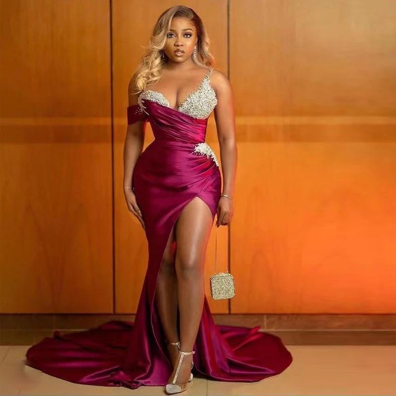 Fuchsia Evening Dresses With Detachable Train Luxury Beads Mermaid Prom Gowns Sheer Neck Side Split Celebrity Sexy Overskirt Robe De Mariée