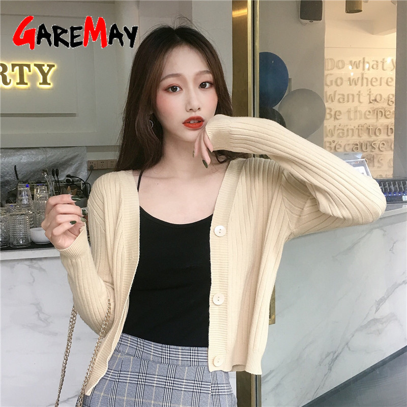 Autumn Cropped Cardigans Women Long Sleeve Casual Short Knitted Sweaters Buttons V Neck Female Cardigan Outwear 210428