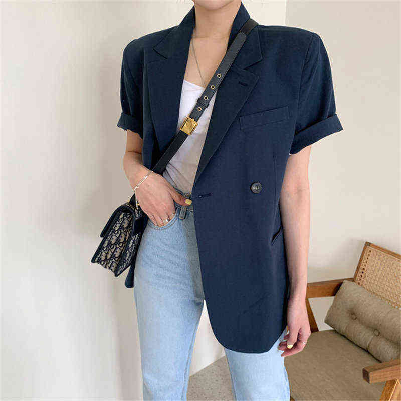 HziriP Summer All Match Femme Loose Solid Office Lady Streetwear Vintage Jackets Short Sleeves Casual Retro Blazers 211122