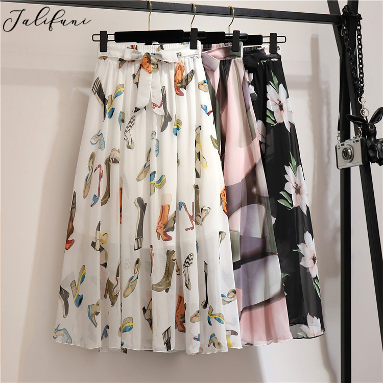 Summer Bohemian Chiffon Skirt Lady Korean Style Printing Sun School High waisted Elegant beach skirt Midi Skirt Female 210415