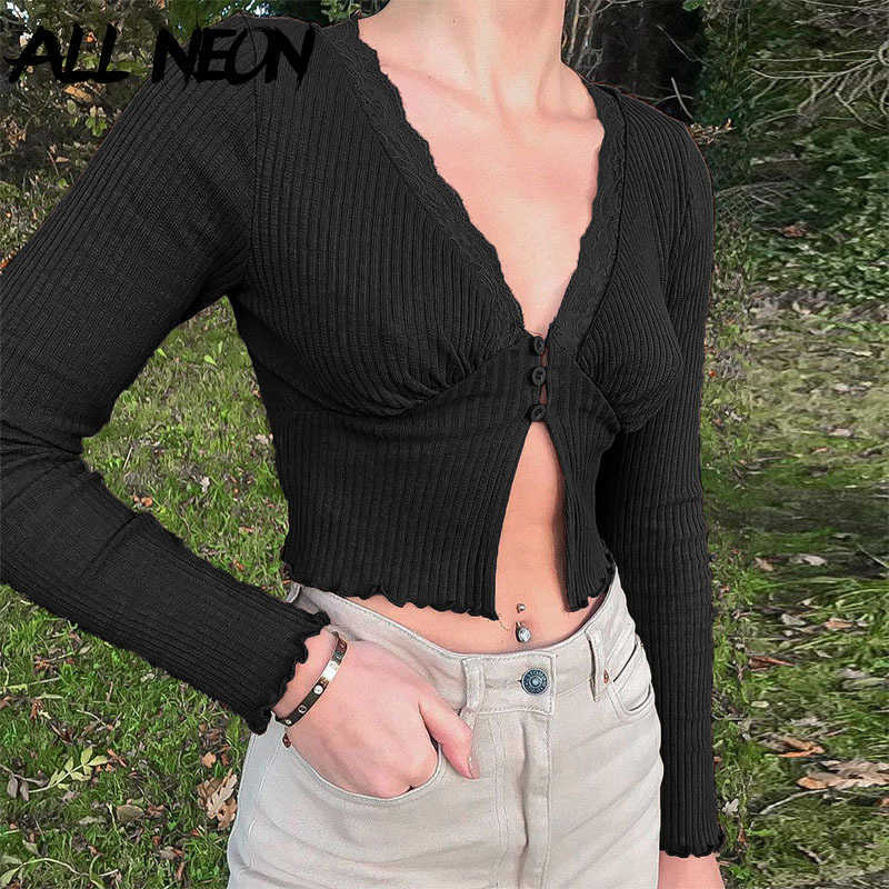 women's deep V-neck lace jacket, brown long sleeve T-shirt, Y2K fashion Raja at the bottom, retro aesthetic jacket in 1990s 210602