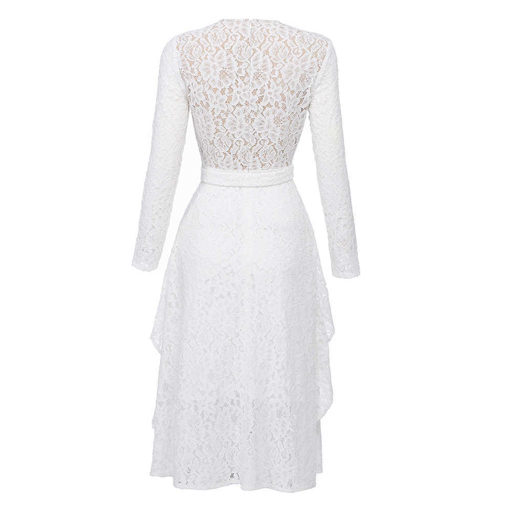 Summer And Retro Elegant Fashion Women'S Lace Runway Ruffled Sexy White Office Work Clothes Belt Long Dress 210527