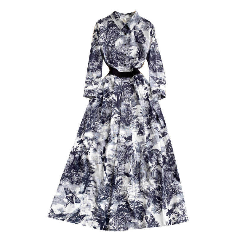 DEAT Women Printing Dress Lapel Long Sleeve Arrivals Lady Temperament Fashion Spring Autumn 11D2005 210709