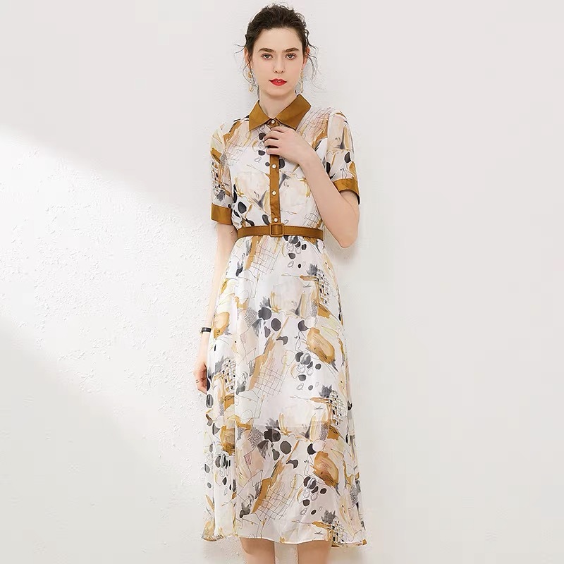 elegant turn down collar summer short sleeve high waist dress for women fashion printed single breasted A-line robe z 210421