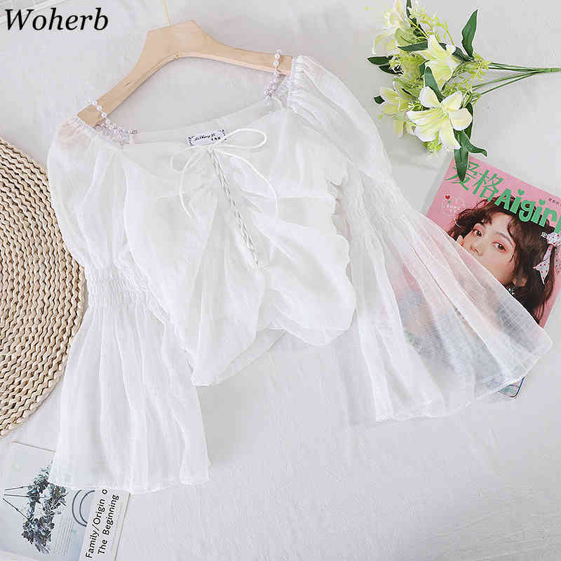 Blouse Women Chic Pearl Baeding Shirts Square Collar Chiffon Blusas Mujer Lace Up Flare Sweet Blouses Tops 95441 210519