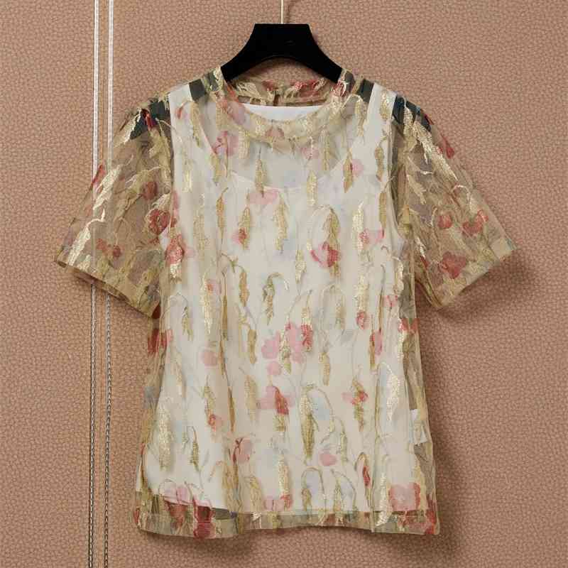 Truevoker Summer Designer Khaki Lace Top Women Short Sleeve Luxury Gold Thread Embroidery Perspective Blouse 210602, Multi
Truevoker Summer Designer Khaki Lace Top Women Short Sleeve Luxury Gold Thread Embroidery Perspective Blouse 210602, Multi