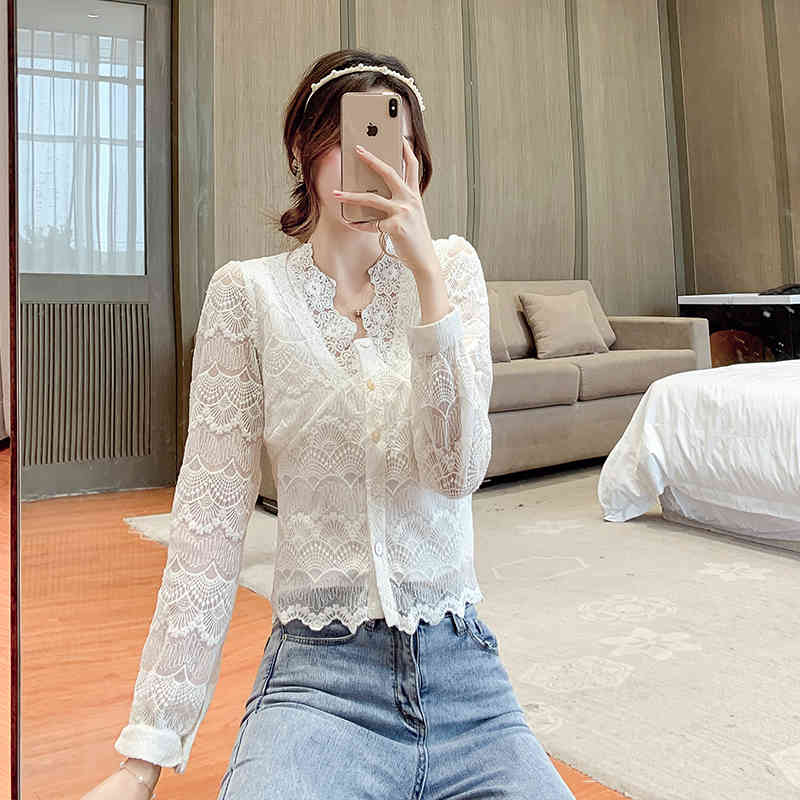 korean fashion clothing Korean version Hollow Flowers Long Sleeve Women Shirt V-Neck Lace Blouse Woman Tops 125 210420