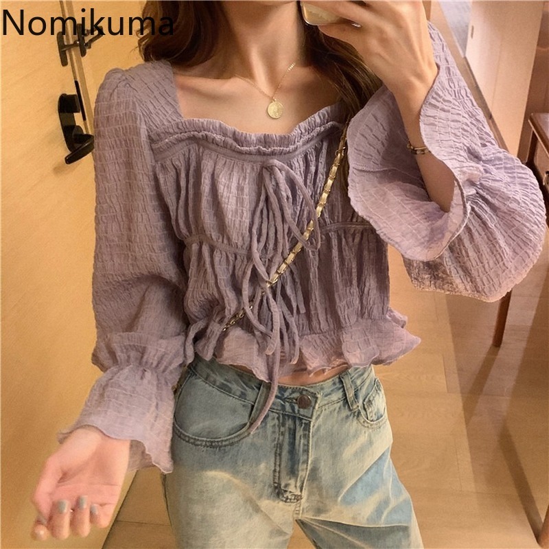 Nomikuma Korean Pleated Lace Up Square Collar Blouse Shirt Causal Flare Sleve Short Women Top Spring New Blusa Mujer 6F459 210427