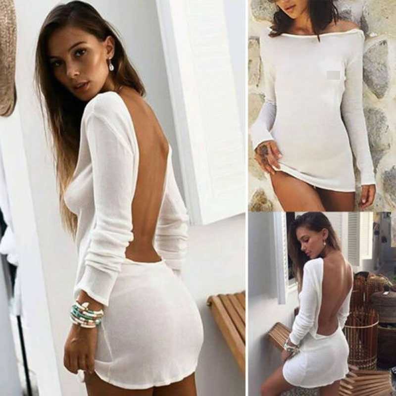 Kayotuas Women Dress Sexy Solid White Beach Summer Bikini Cover-Ups Mesh Backless Mini Long Sleeve Slim Beachdress 210522