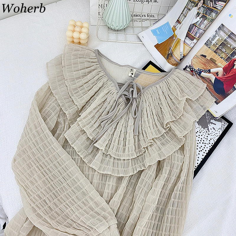 Ruffles Women Blouse Peter Pan Collar Vintage Long Sleeve Solid Korean Blusas Mujer Summer Loose Shirts Elegant Tops 210519