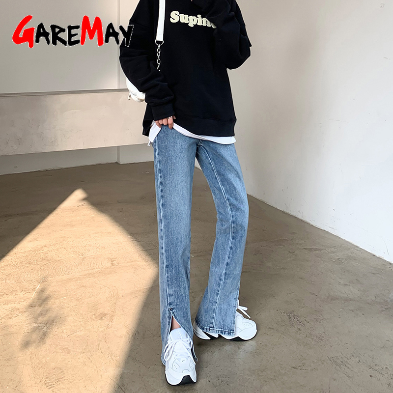 Straight Leg White Jeans Women Loose High Waist Mom Front Side Slit Denim Pants Vintage Stacked 210428