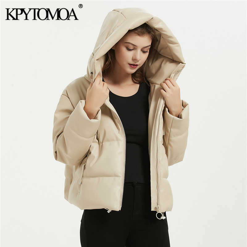 KPYTOMOA Women Fashion Thick Warm Faux Leather Padded Jacket Coat Vintage Long Sleeve Oversized Parka Female Outerwear Chic Tops 210819