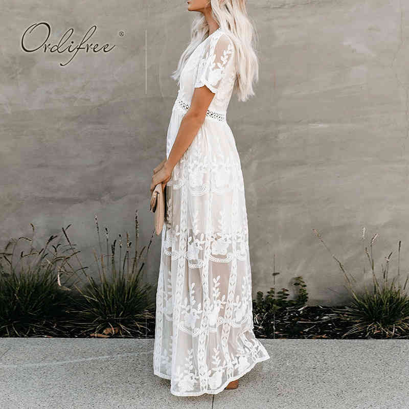 Ordifree Summer Boho Women Maxi Dress Loose Embroidery White Lace Long Tunic Beach Dress Vacation Holiday Clothes 210409