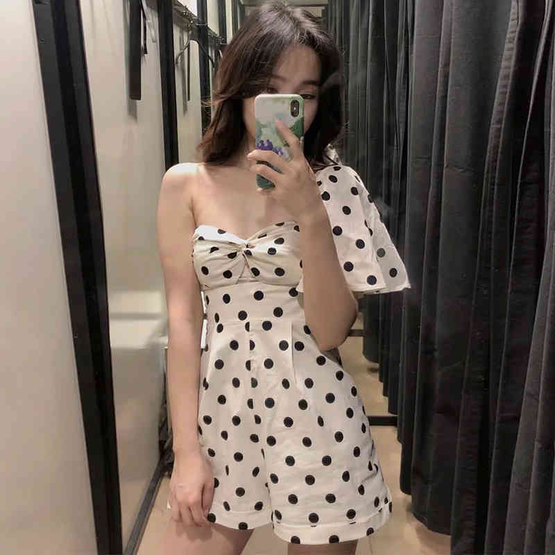 Sexy One Shoulder Polka Dot Playsuit Women Summer Backless Beach Bodysuit Side Zipper Holiday Short Playsuits Rompers 210515