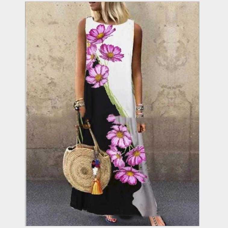 Women Summer Maxi Dress Elegant O Neck Floral Butterfly Sexy Plus Size Casual Linen Loose Sleeveless Print Beach Sundress 210526