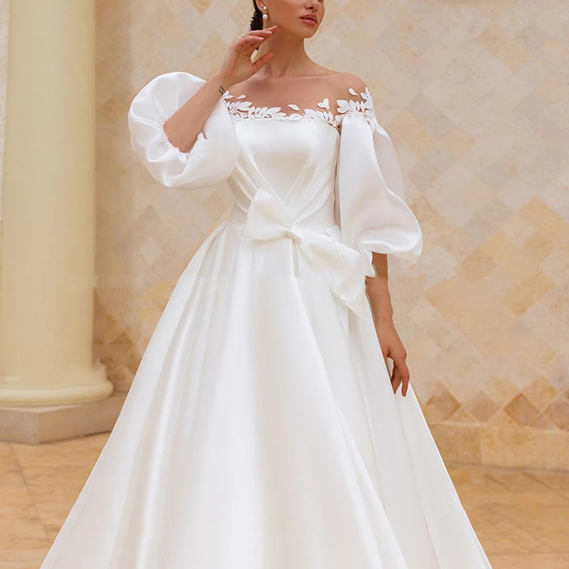 Puff Sleeve Wedding Dresses Bridal Gowns Appliqued Chic Satin A e Plus Size Beach Princess Long Bride Dress Vestido de Noiva