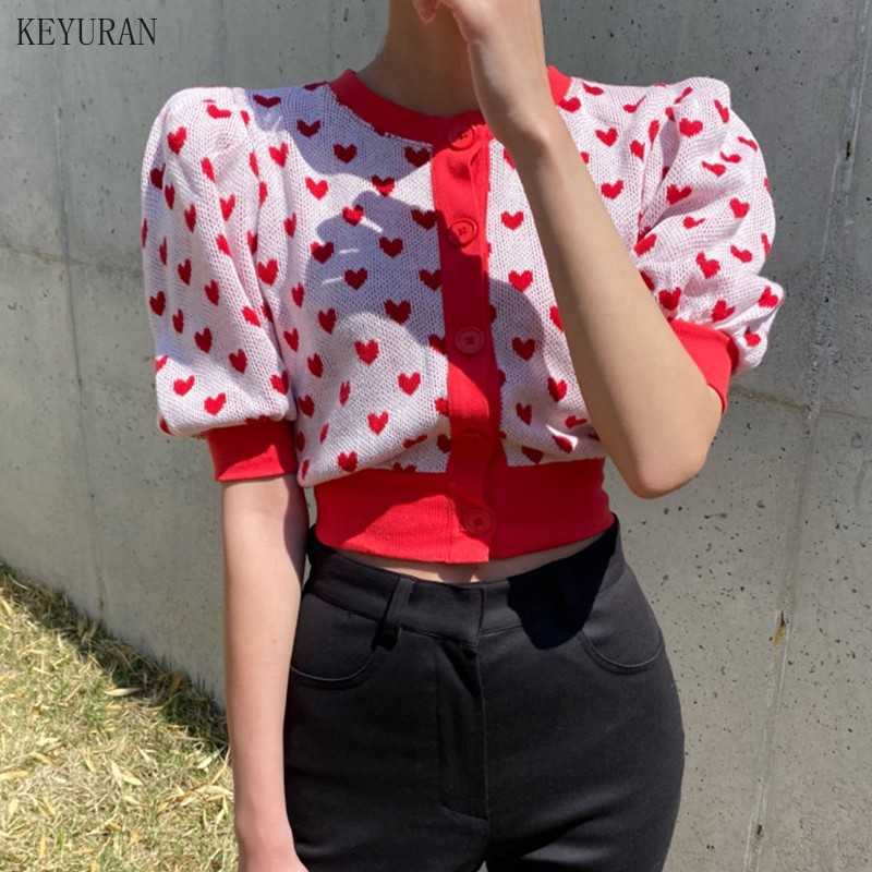 Korean Chic Love Heart Embroidery Cardigan Crop Top Knitted Hit Color Coat Summer Puff Short Sleeve O-neck Knitwear 211014