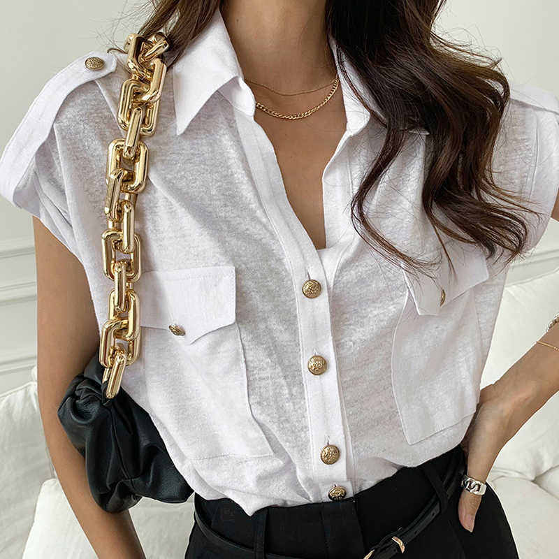 Korejpaa Women T-Shirt Summer Girls French Temperament Lapel Chic Single-Breasted Loose Casual Pocket Short-Sleeved Sweater 210526